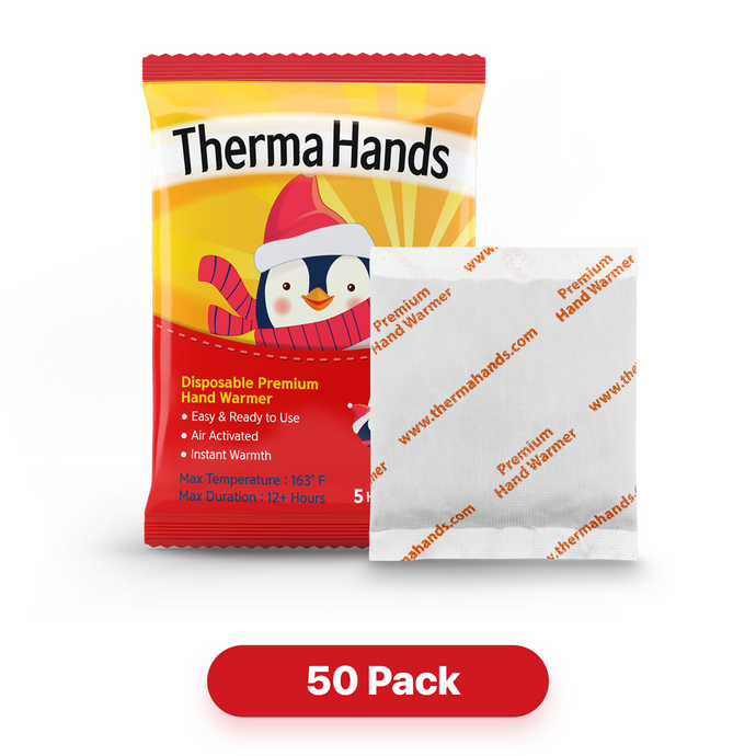 ThermaHands Hand Warmers [50 Pack] - Premium Quality (Duration: 12 + Hours of Heat) Air-Activated, Convenient, Safe, Natural, Odorless, & Long Lasting Warmers